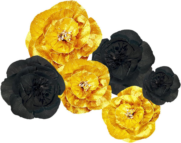 3D Paper Flowers, Gold Black Graduation Craft Paper Flowers, 6PCS Pom Pom Backdrop for Baby Shower Decor