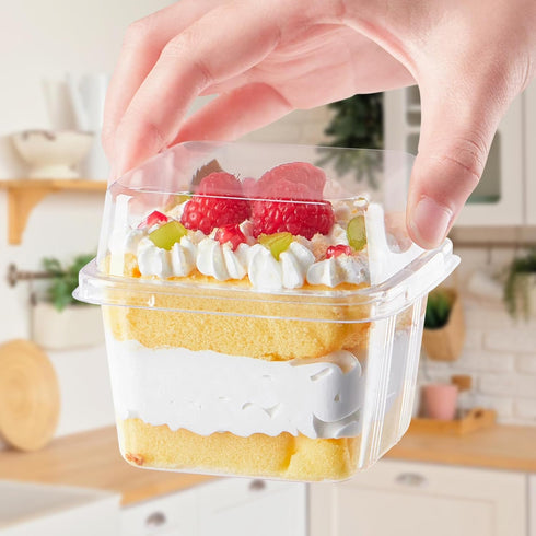 50 Pack 8 oz Kucoele Plastic Dessert Cups with Lids and Sporks, Clear Square Cake Cups Dessert Containers for Pudding