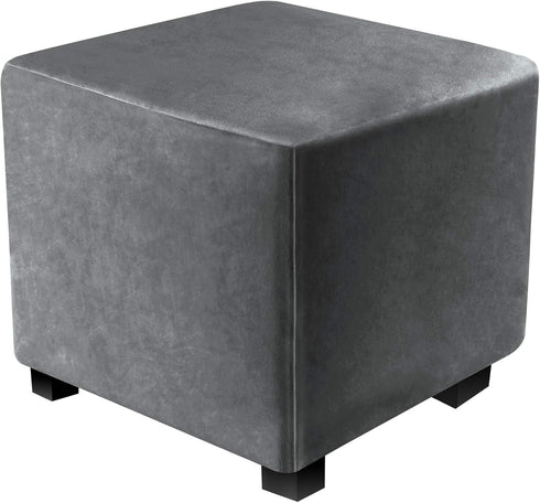 DUJUIKE Square Ottoman Covers Protector, Stretch Comfortable Velvet, Elastic Bottom, Grey (Size S: 13-18"/15-18")
