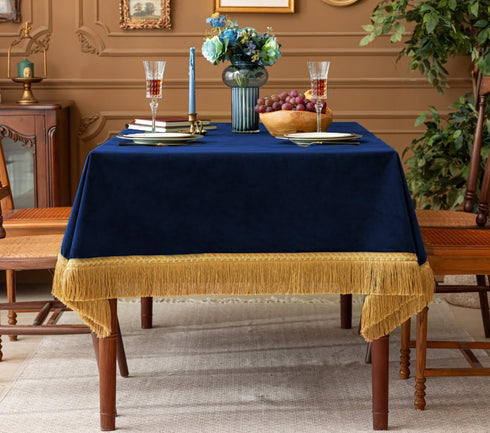 F-CHU Thickset 60x70-Inch Luxury Blue Tablecloth Velvet Tablecloth with Beautiful Gold Tassels Vintage Table Cloth