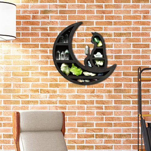 Faddare 1 11.8x11.8x3cm, Wooden Moon Shelf, Shelf, Rustic, Accent Shelf, Decorative Shelf, Black, for Living Room
