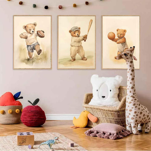 3Pcs Teddy Bear Sports Nursery Animal Canvas Wall Art Cute Woodland Baby Bear Rugby Wall Decor Pictures Football
