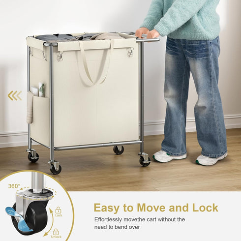 Wheels,160L 2 Chrislley Double Laundry Hamper with Rolling Laundry Basket Section,Steel Frame Laundry Cart with Handle