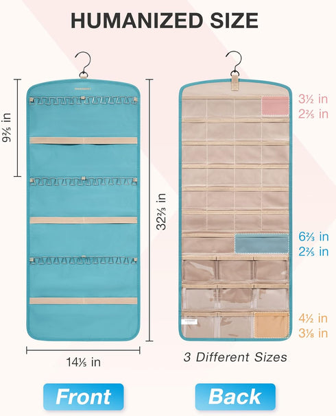 BAGSMART Hanging Jewelry Organizer, Large Teal Necklace Holder with 20 Jewelry Bags, Travel Storage Roll with Pockets
