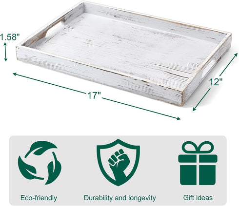 dreamkey 17 Inch Rustic White Serving Tray with Handles - Large Wooden Tray for Ottoman, Breakfast in Bed, Dinner