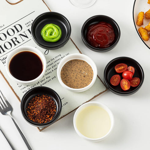 Dipping Bowls Set, 2 oz Ceramic Sauce Dishes, Small Bowls for BBQ, Condiments, Appetizer, Dessert, Set of 6 (Black)