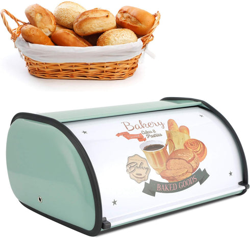 Roll Top Bread Box for Kitchen Counter, Metal Bread Bin Retro Food Storage Container, 13"x9.4"x5.9" (Green)