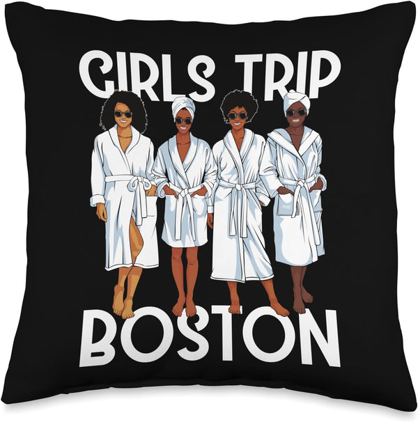 Girls Trip 2024 Boston Spa Relax Throw Pillow for Black Melanin Women, 16x16, Multicolor