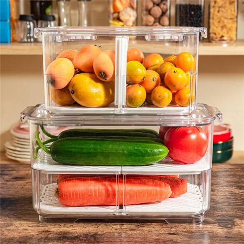 SANNO Fridge Produce Saver Storage Containers - Stackable Vegetable Fruit Bins, Set of 4 Fresh Keeper Organizer Drawers