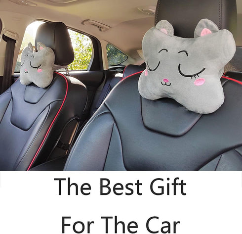 Sexysamba Car Headrest Pillow - Cartoon Neck Pillow for Car, Soft Cushion for Driving, 2Pcs (Grey Cat)