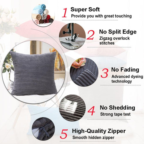 Home Brilliant Grey Pillow Covers, Set of 2 Soft Decorative Striped Corduroy Velvet Square Throw Pillow Cover 18 x 18