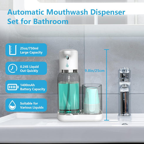 25oz(750ml) 2 Luvan Automatic Mouthwash Dispenser for Bathroom, Smart Mouthwash Dispenser with Cup Holder, Infrared