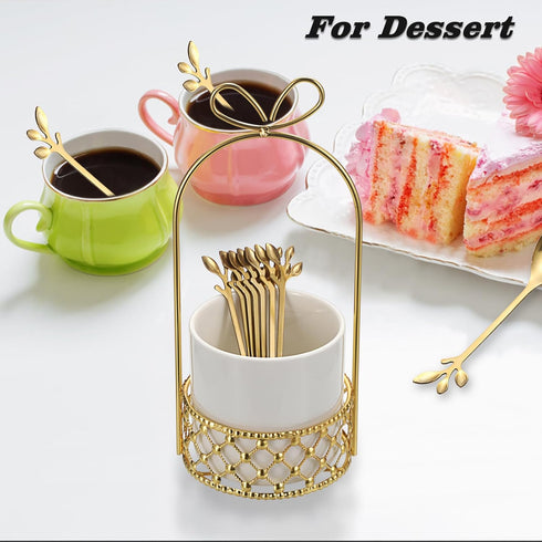 ELLDOO Coffee Spoon Set, 8 Stainless Steel Gold Leaf Coffee Spoons with White Ceramic Holder