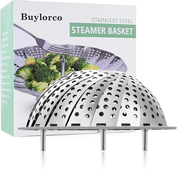 Buylorco Stainless Steel Folding Vegetable Steamer Insert, Fits Pots 5" to 9" for Veggie & Seafood Cooking
