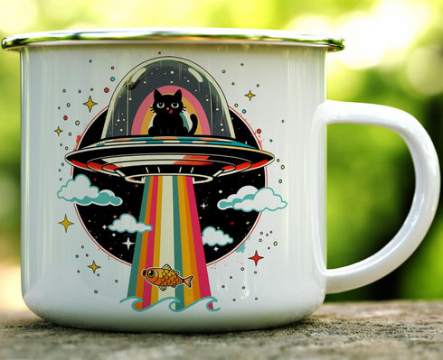 Retro UFO Cat Fish Abduction Extraterrestrial Paranormal Enamel Campfire Mug, Fun Outdoor Camping Coffee Cup (16oz)