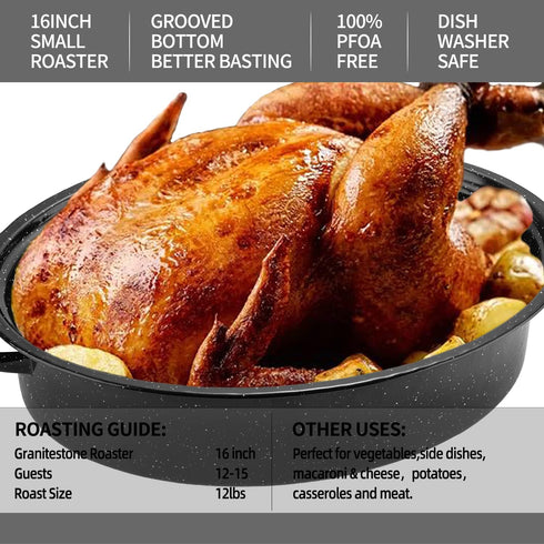 Granite Roasting Pan, Medium 16” Enameled Roasting Pan with Domed Lid, Dishwasher Safe for Small Turkey