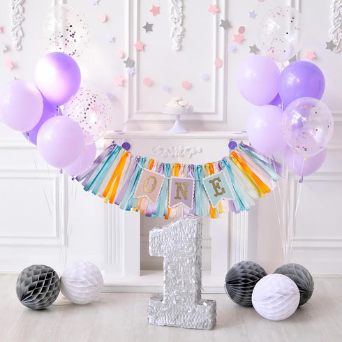 Q&High Life 1st Rainbow High Chair Banner for Birthday - Macaron Color "ONE" Garland with Tulle for Baby Girl Smash