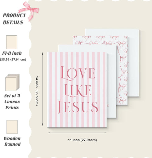 LARTSFRO 11x14 Inch Set 4 Coquette Pink Bow Jesus Canvas Wall Art Decor Posters Prints, Light Pink Bow Room Bedroom