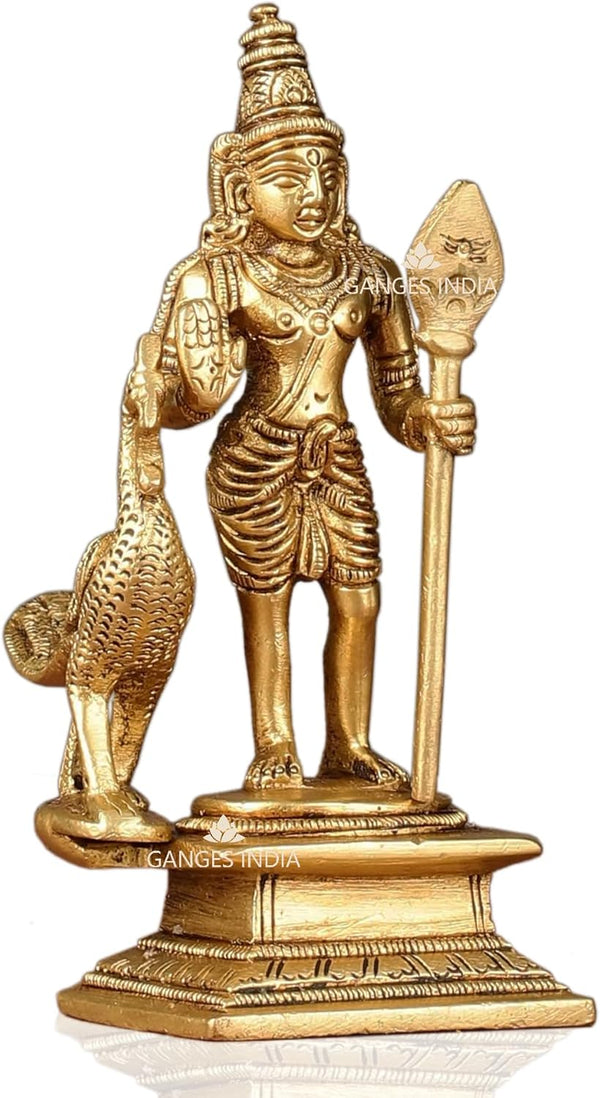 God Murugan Swami Miniature Brass Statue with Peacock, Handcrafted Decor Item for Home, Temple, Gifting, 2.25 x 3 x 4.3