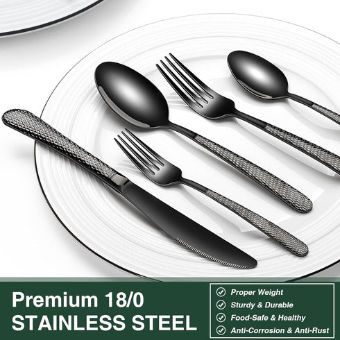 Black Hammered Silverware Set, 20-Piece Heavy Duty Stainless Steel Flatware for 4, Food-Grade Cutlery Set, Mirror Finish