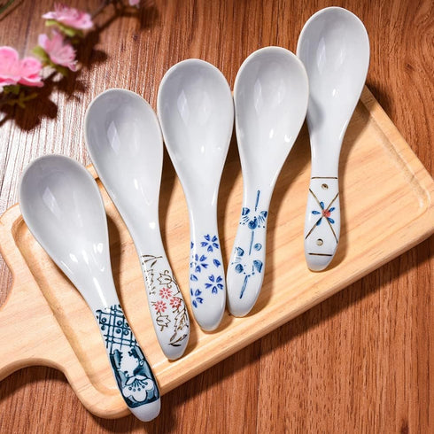 Japanese Style Set of 5 Soup Spoons, Asian Ceramic Ramen Spoons