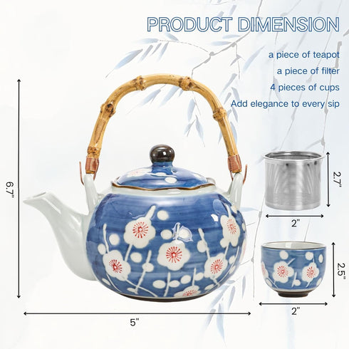Set, 4 Japanese Tea Ceramic Floral Tea Pot and Pieces Cups with Infuser Bamboo Handle, Traditional Bone China Teapot