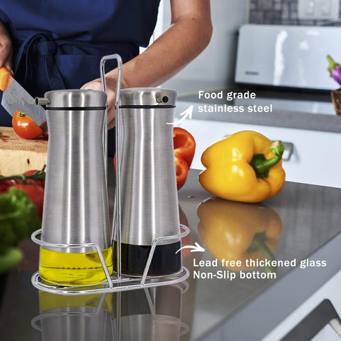 Set 2 Pack Aelga Oil And Vinegar Dispenser with Caddy - Oil Dispenser Bottle for Kitchen with No-Drip - Kitchen Decor