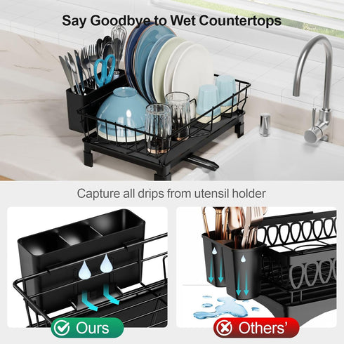 GSlife Dish Drying Rack for Kitchen Counter - Compact Dish Drainer with Utensil Holder and Drain Spout, Black