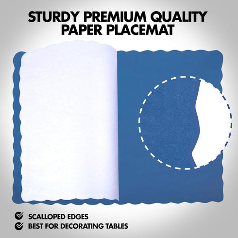 Fit Meal Prep 100 Pack Disposable Paper Placemats, 14 x 10 Inch Blue with Wavy Scalloped Edge for Restaurant Catering
