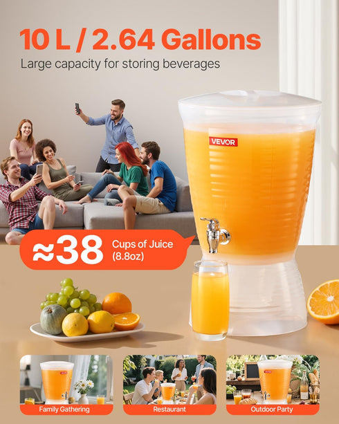 2.64 VEVOR Beverage Dispenser, Gallon Drink Dispenser for Parties, Plastic Juice Dispensers with Spigot Ice Chamber