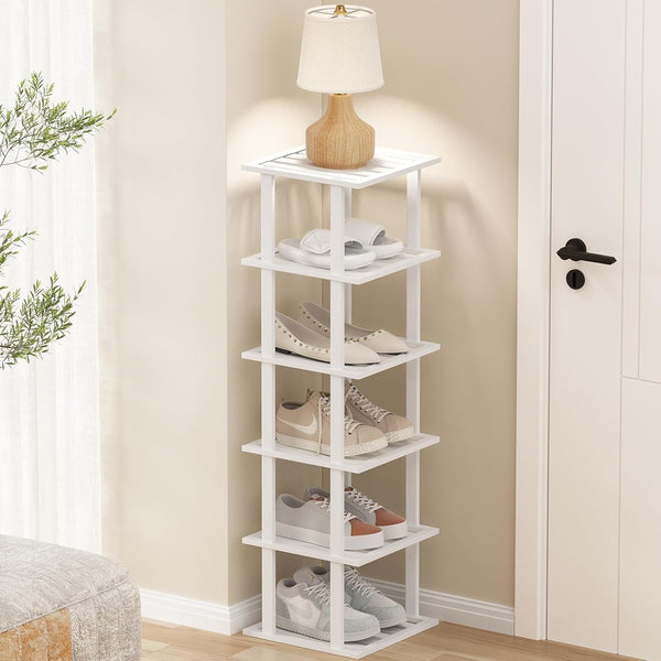 SHIISEWE White Bamboo Shoe Rack for Small Spaces 6 Tier Tall Vertical
