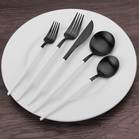 Bysta 5-Piece Matte Black Silverware Set, Stainless Steel Flatware with White Handle, Service for 1, Dishwasher Safe