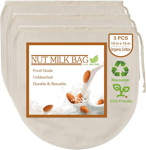 Fancymay 3 PCS 12"x12" Nut Milk Bags - 100% Unbleached Cotton Cheesecloth, Reusable