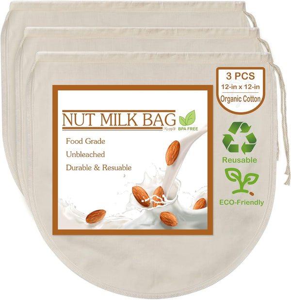 Fancymay 3 PCS 12"x12" Nut Milk Bags - 100% Unbleached Cotton Cheesecloth, Reusable