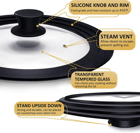 Universal Pot Lid with Heat Resistant Silicone Rim and Tempered Glass, Fits 6.5", 7", 8" Diameter Pans and Skillets