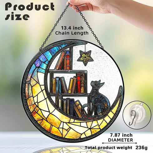 Iznomo Cat Suncatcher - Sun Catchers Indoor Window, Celestial Stained Glass Window Hanging Decor with Star & Bookshelf