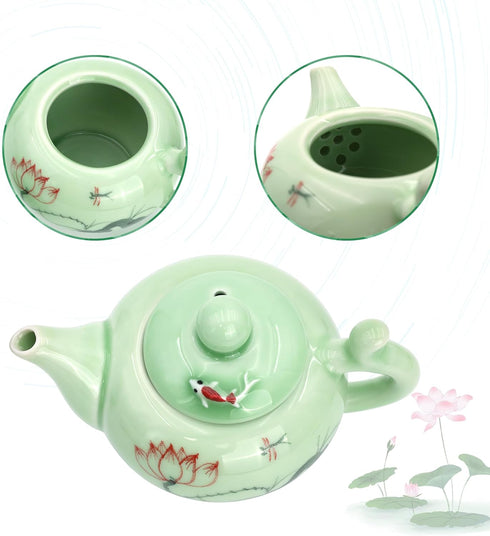 DELIFUR Celadon Handcrafted Porcelain Tea Set, Lotus Theme Tea Pot, Covered Teacup from China