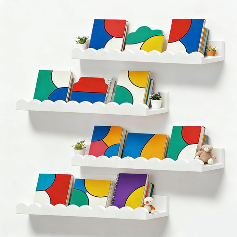 XNGZY Nursery Book Shelves, Set of 4 Floating Book Shelves, Scalloped Wall Bookshelf