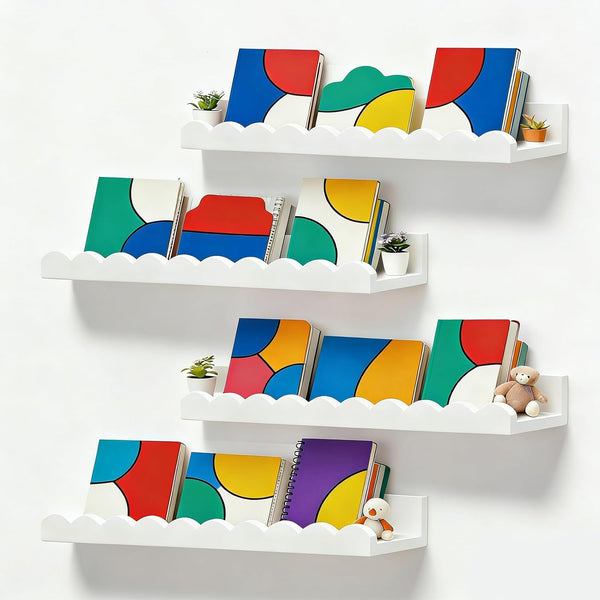 XNGZY Nursery Book Shelves, Set of 4 Floating Book Shelves, Scalloped Wall Bookshelf