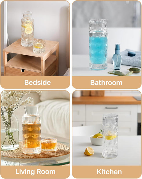 DmmyAlzx Set, 21.6 Oz 6 Oz Bedside Water Carafe and Glass Mouthwash Dispenser for Bathroom, Glass Water Bottles
