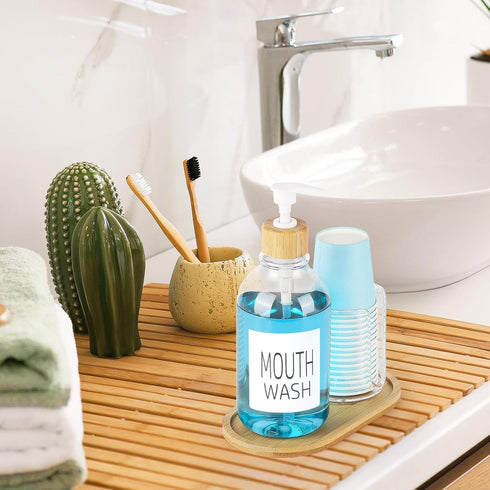 17oz Mouthwash Dispenser with Cup Holder, Plastic Mouth Wash Pump Bottle with Tray for Bathroom Organizers, Refillable