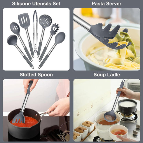E-far 7 Pcs Silicone Cooking Utensils Set, Heat Resistant Kitchen Tools with Stainless Steel Handle, Gray