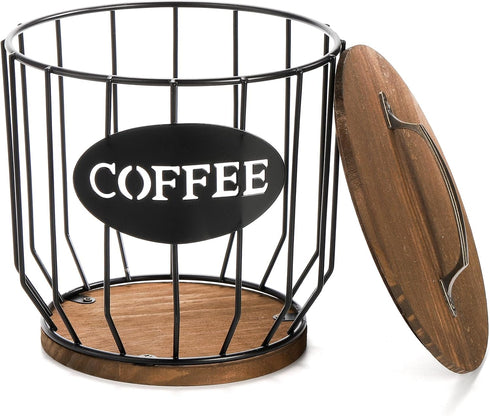 yarlung Coffee Pod Holder with Lid, Large Capacity K Cup Storage Basket with Rustic Wooden Base for Kitchen Countertop