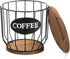 yarlung Coffee Pod Holder with Lid, Large Capacity K Cup Storage Basket with Rustic Wooden Base for Kitchen Countertop