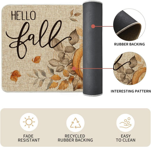 Artoid Mode Pumpkin Sunflowers Hello Fall Kitchen Mats Set of 2, Autumn Home Decor Low-Profile Rugs for Floor