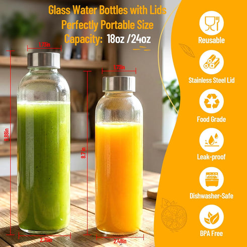 18 oz, 100% Set 3 Luxfuel Clear Glass Bottles with Lids Reusable Glass Water Bottles with Stainless Steel Cap