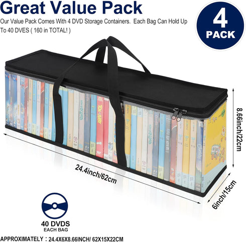 CCidea DVD Storage Bags (Set of 4), Clear PVC Media Holder Case with Handles for DVDs, CDs, Blu Ray Discs