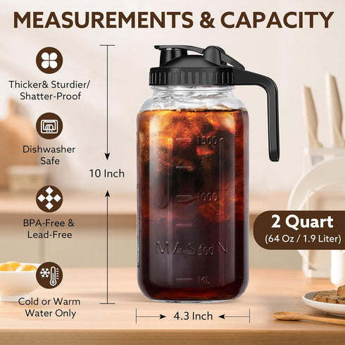 Mihlapi 64 OZ 2 Glass Pitcher with Lid, Mason Jar Pitcher Double Leak Proof, Quart Breast Milk Storage Containers