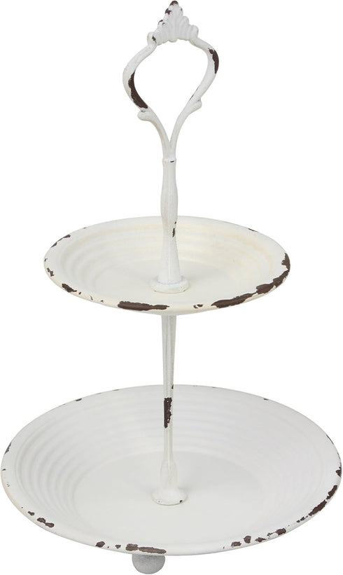 Stonebriar Small 2 Tier Worn White Metal Tray, Rustic Farmhouse Decor, Tiered Jewelry Tray for Vanity or Bathroom, 9.25"