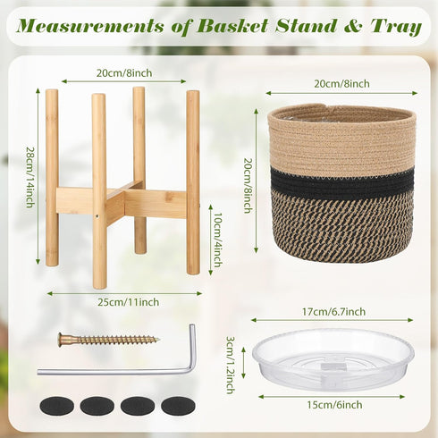 Sunnychicc Stand(7.87 Inch,Black Plant Basket with Stand Indoor Planter Pot Holder Sturdy Jute Rope Modern Woven